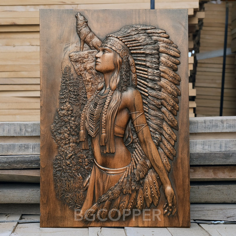 Native American Woman and Wolf Wood Carving Decor - Engraved on Natural Wood