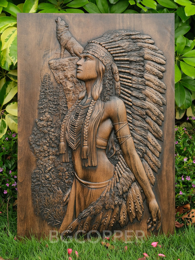 Native American Woman and Wolf Wood Carving Decor - Engraved on Natural Wood