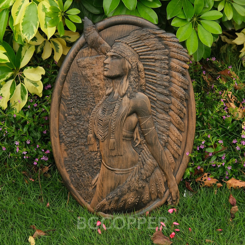 Native American Woman and Wolf Wood Carving Decor - Engraved on Natural Wood