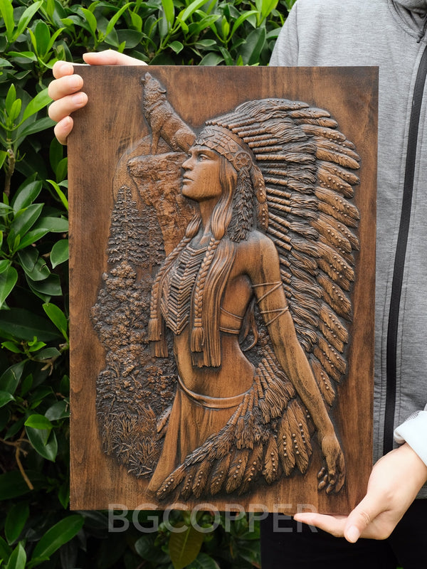 Native American Woman and Wolf Wood Carving Decor - Engraved on Natural Wood