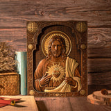 Our Lord Jesus Sacred Heart Wood Carving - Christian Catholic Personalized Carving Gift