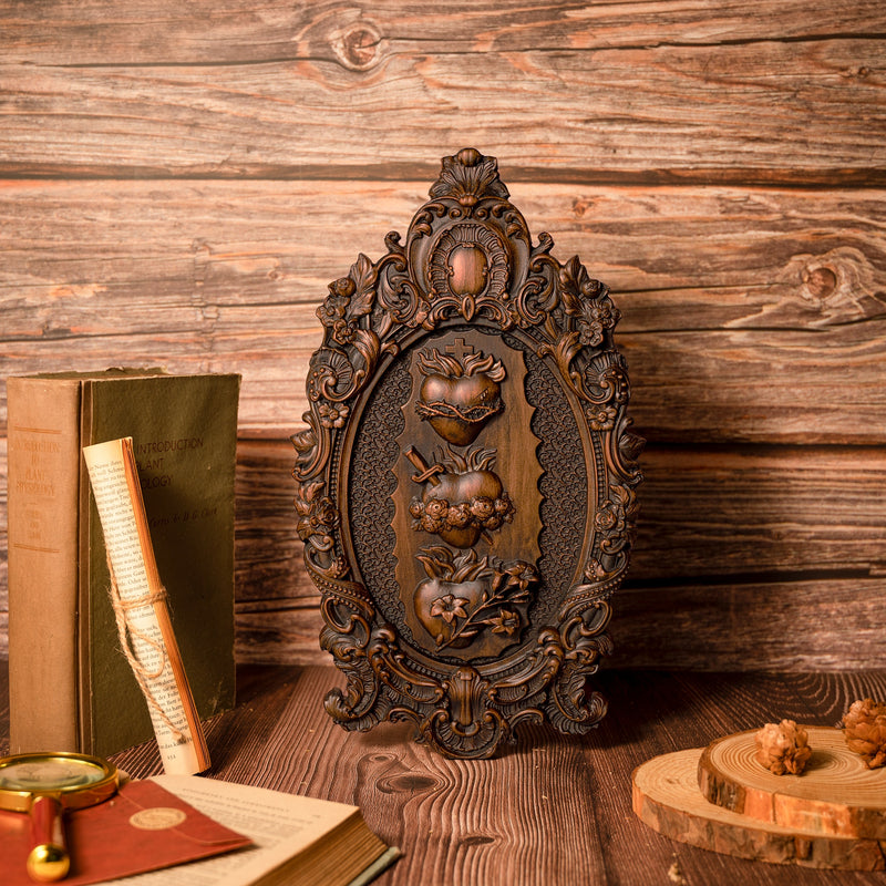 Three Sacred Hearts of the Holy Family Wall Hanging Art work Personalized Religious Gift wooden decor