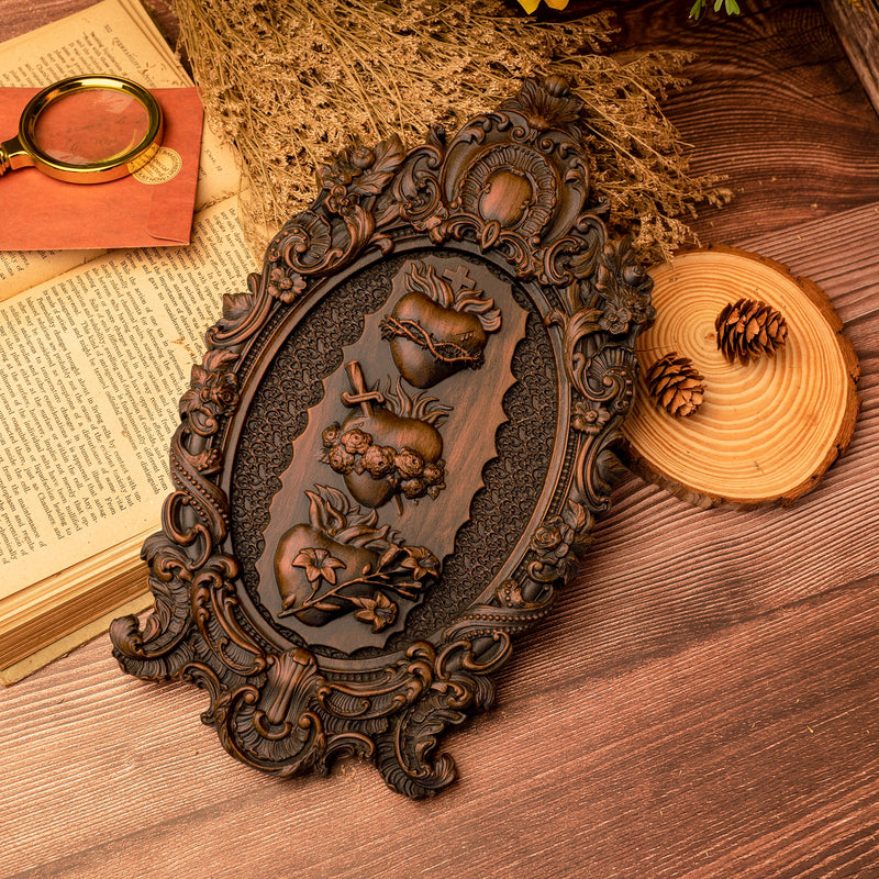 Three Sacred Hearts of the Holy Family Wall Hanging Art work Personalized Religious Gift wooden decor
