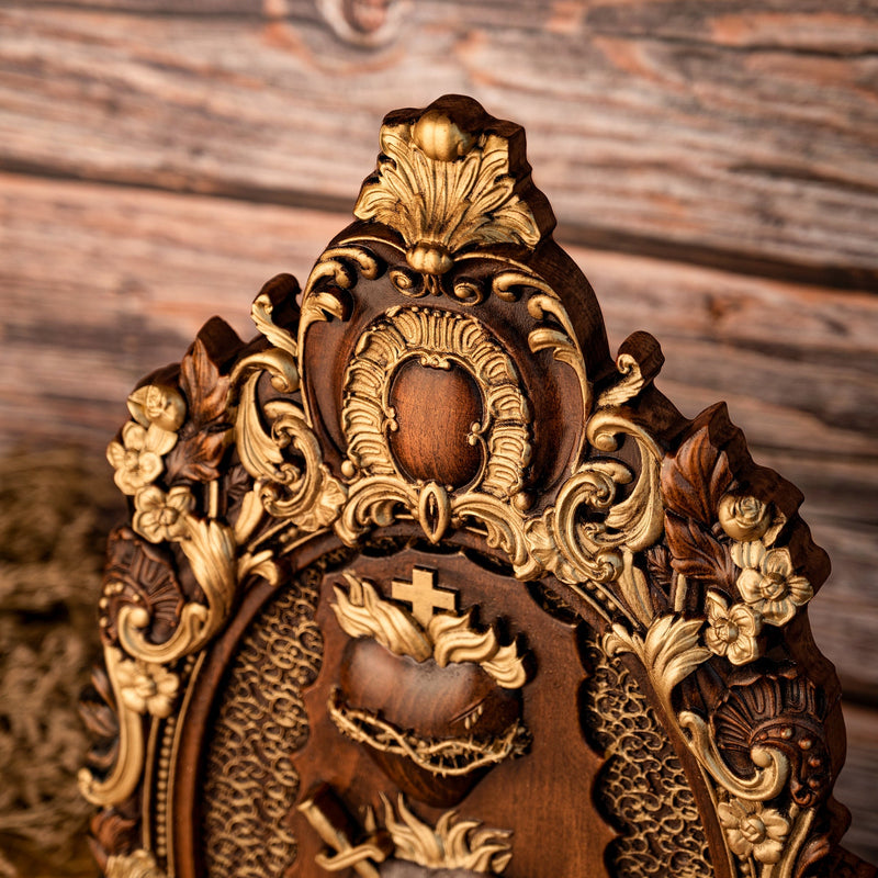Three Sacred Hearts of the Holy Family | Solid Wood Carving Gift