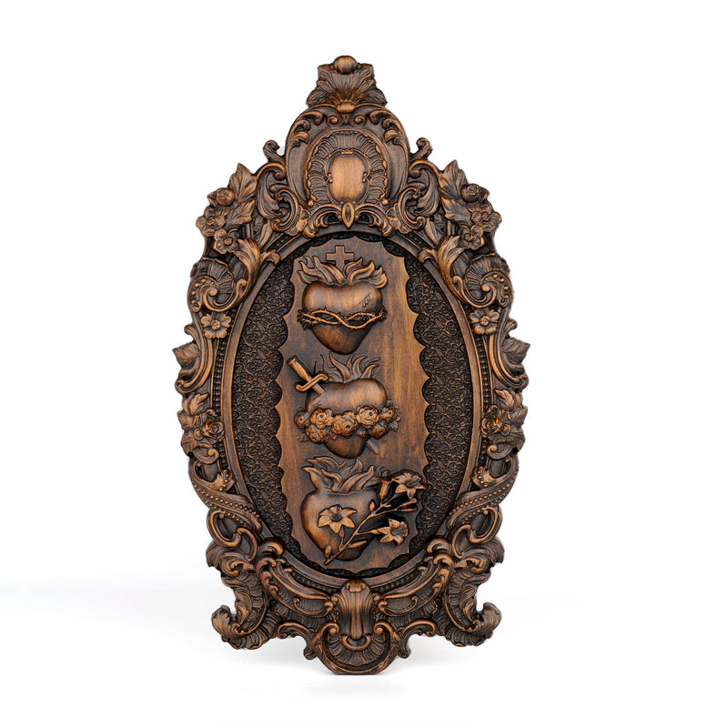 Three Sacred Hearts of the Holy Family | Solid Wood Carving Gift