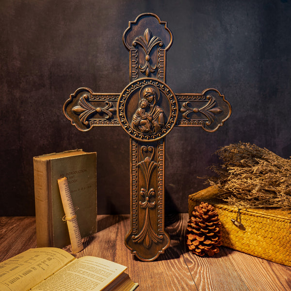 Wooden crucifix of the Virgin, Virgin Mary, Baby Jesus, religious wooden icon, wall crucifix, wall decoration