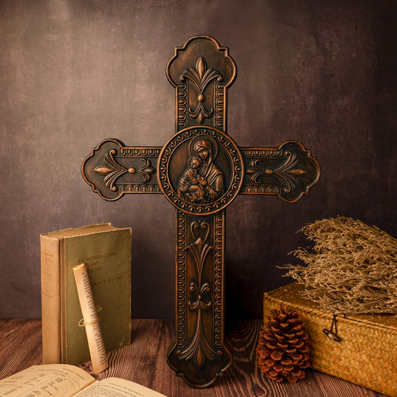 Wooden crucifix of the Virgin, Virgin Mary, Baby Jesus, religious wooden icon, wall crucifix, wall decoration