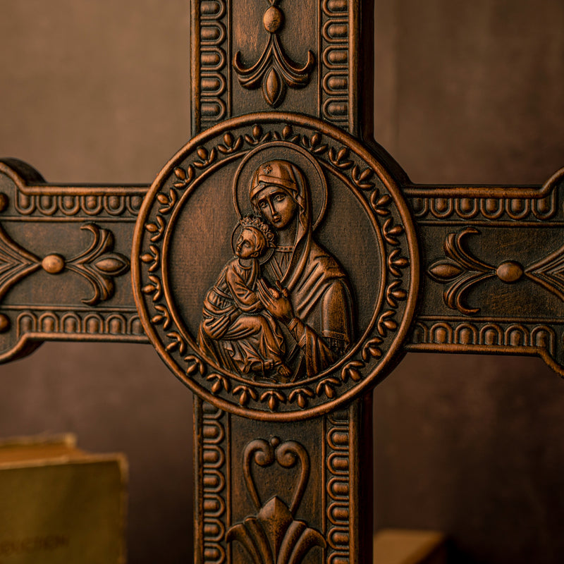 Wooden crucifix of the Virgin, Virgin Mary, Baby Jesus, religious wooden icon, wall crucifix, wall decoration