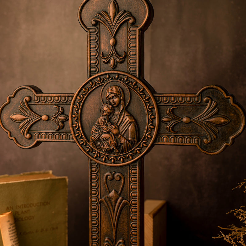 Wooden crucifix of the Virgin, Virgin Mary, Baby Jesus, religious wooden icon, wall crucifix, wall decoration