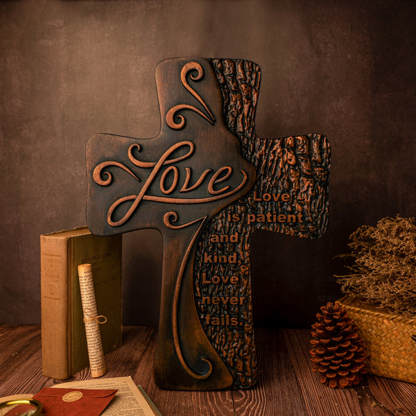 Ornate "Love" "Faith" "Hope" Wooden Cross, Solid Wood Cross
