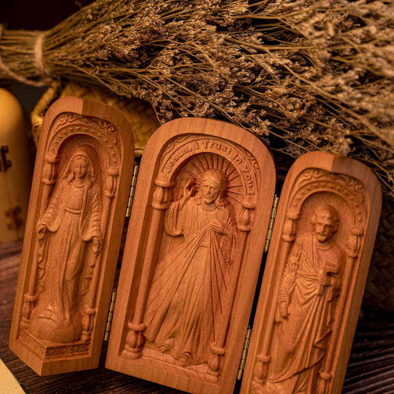 Hand-carved Portable Church - Mini Christian Triptych Altar