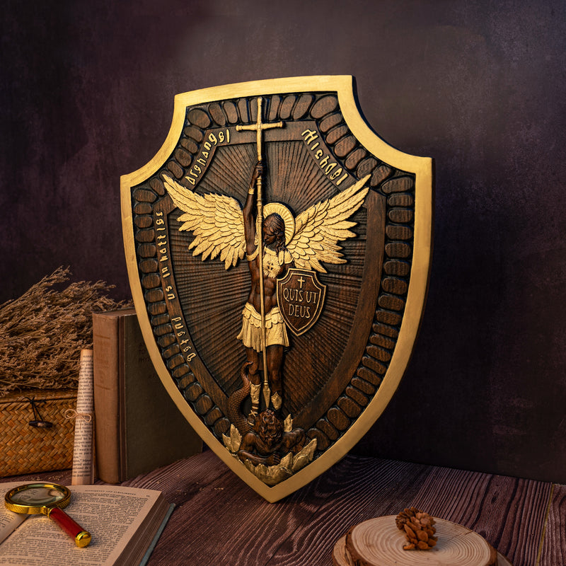 Shield Archangel Michael Solid wood carving gift - Natural wood amulet