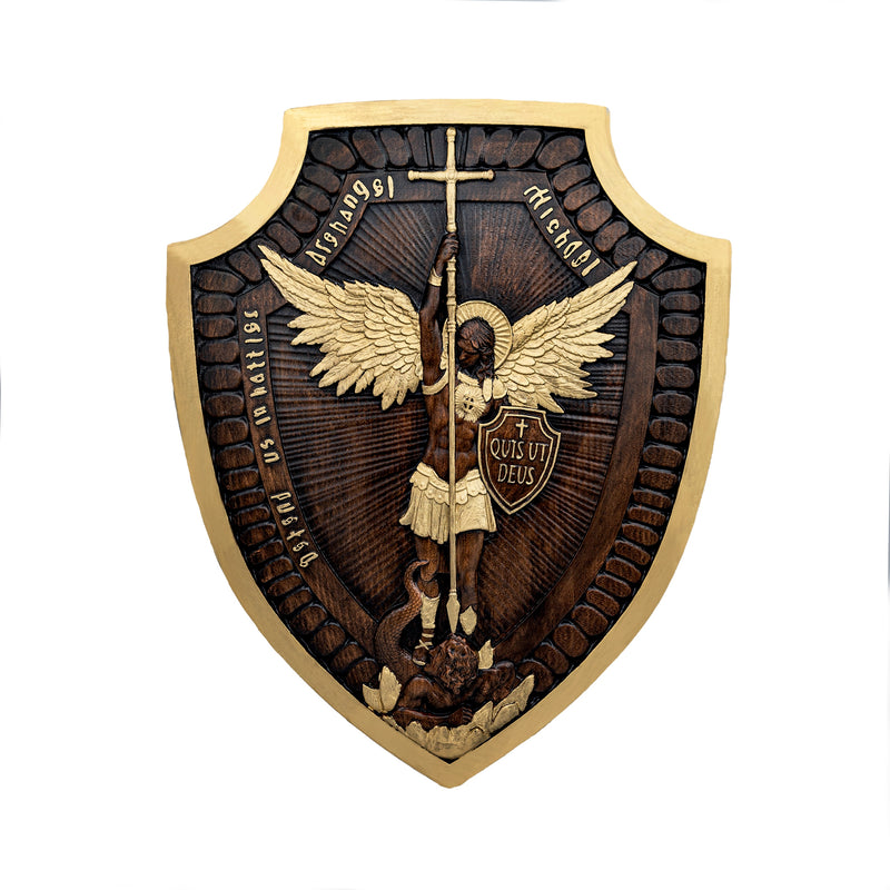 Shield Archangel Michael Solid wood carving gift - Natural wood amulet