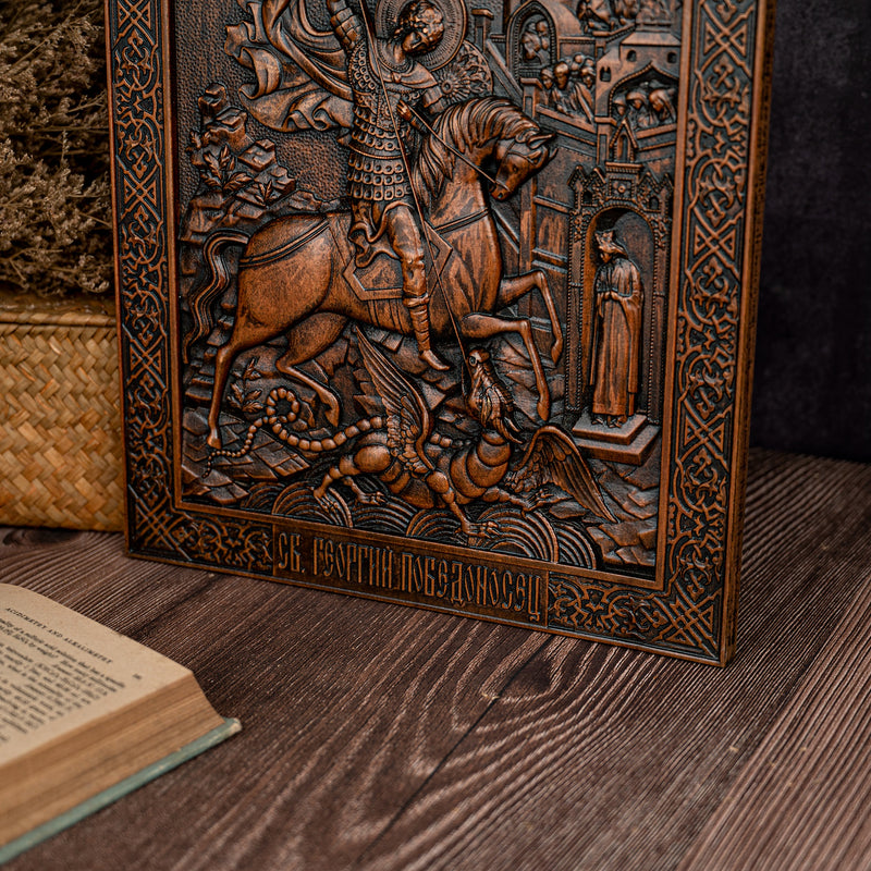 Saint George and the Dragon Wooden Carved - religious Wall decor icon christian gift for men
