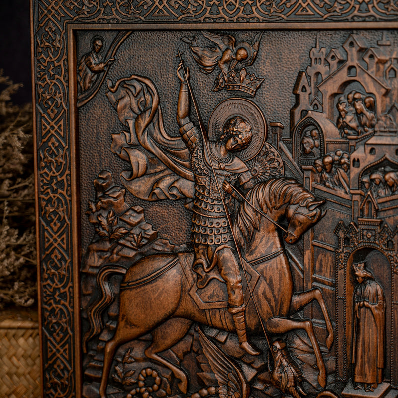 Heiliger Georg und der Drache Holz geschnitzt - religiöse Wanddekoration Ikone christliches Geschenk für Männer