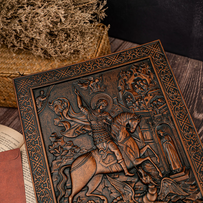 Heiliger Georg und der Drache Holz geschnitzt - religiöse Wanddekoration Ikone christliches Geschenk für Männer