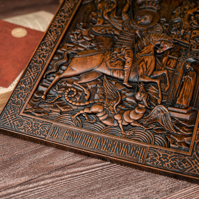 Heiliger Georg und der Drache Holz geschnitzt - religiöse Wanddekoration Ikone christliches Geschenk für Männer