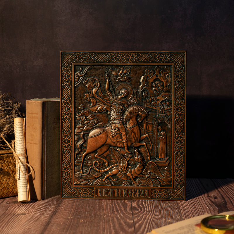 Heiliger Georg und der Drache Holz geschnitzt - religiöse Wanddekoration Ikone christliches Geschenk für Männer