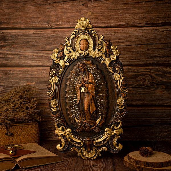 Religious gift with rich details of the wooden statue of Our Lady of Guadalupe