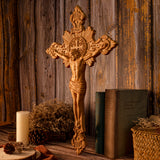 Wood Carving of Jesus Cross with St. Benedict's Exorcism