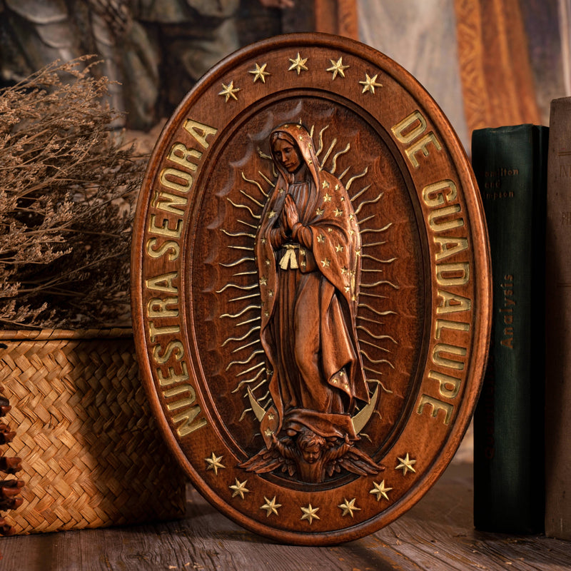 Retro Color Our Lady of Guadalupe Wood Carving -The patron saint of Mexico, America and unborn children
