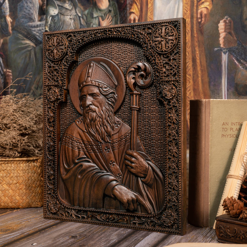 Bgcopper Saint Patrick Wood Carved Icon Religious Gift Wall Hanging Art Work