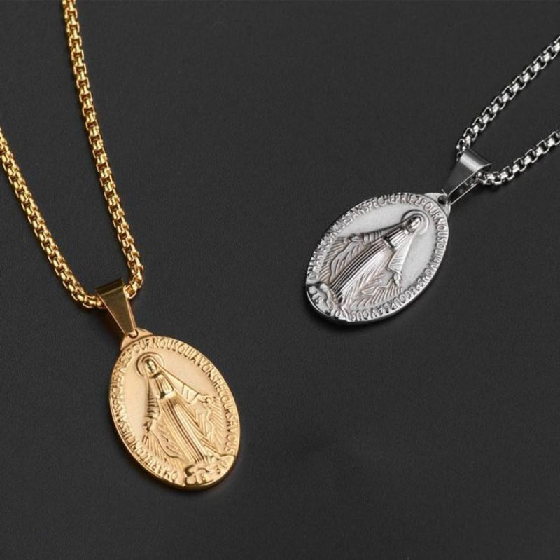 Double-sided embossed Virgin Mary oval pendant