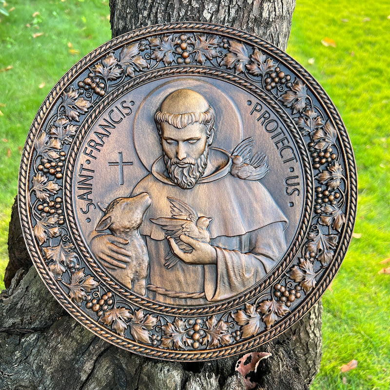 Saint Francis of Assisi religious icon, natural wood carved wall decoration pendant