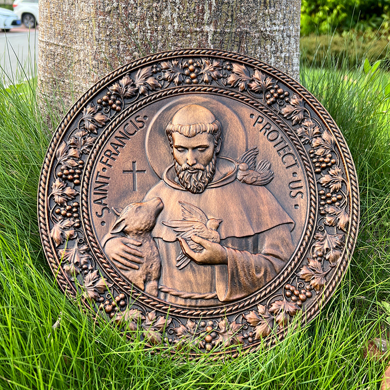 Saint Francis of Assisi religious icon, natural wood carved wall decoration pendant