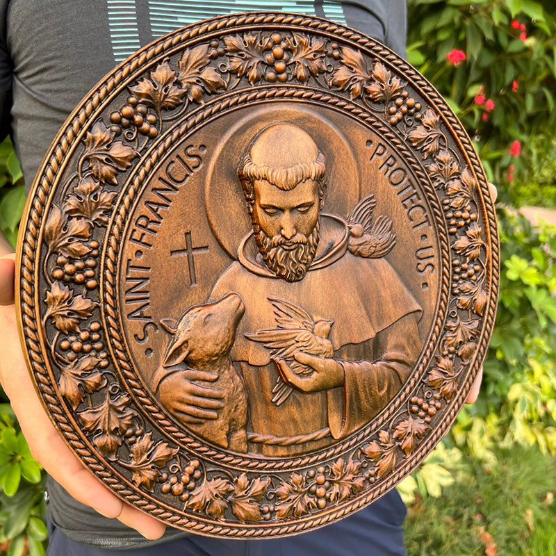 Saint Francis of Assisi religious icon, natural wood carved wall decoration pendant