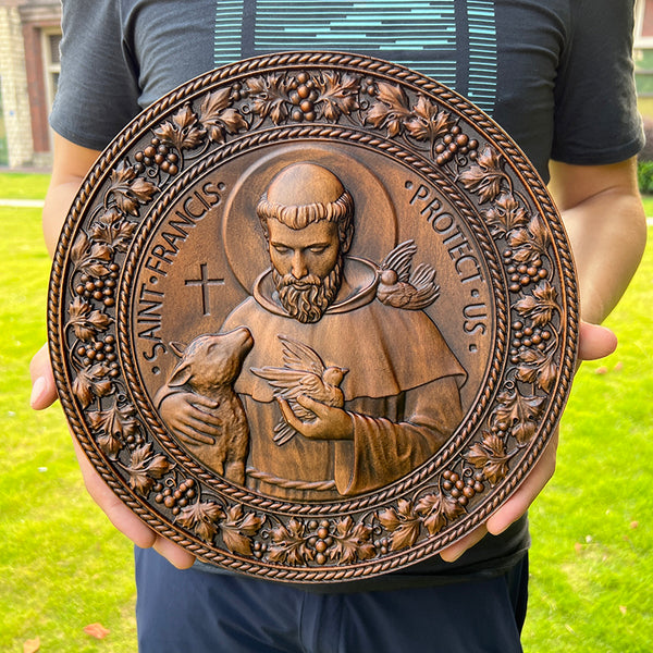 St. Francis of Assisi Patron Saint of Animals Religious Icon - Natural Wood Wall Decoration Hanging Souvenir