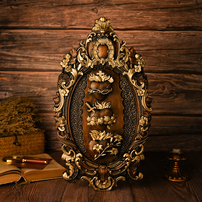 Three Sacred Hearts of the Holy Family Wall Hanging Art work Personalized Religious Gift wooden decor