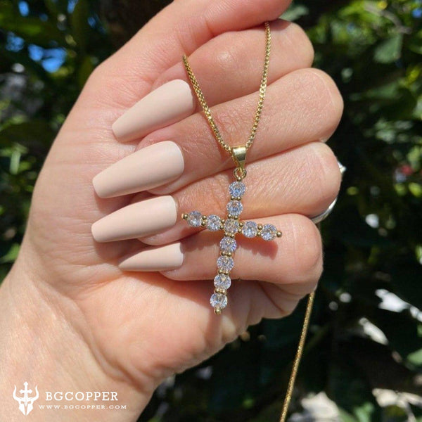 Gold cross necklace cubic zirconia diamonds, Religious Necklace - BGCOPPER