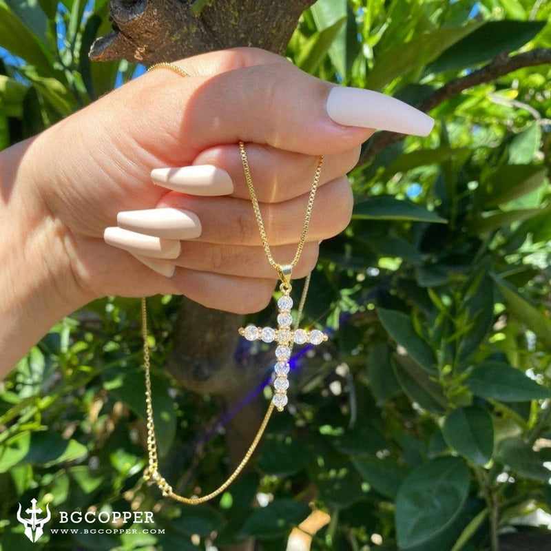 Gold cross necklace cubic zirconia diamonds, Religious Necklace - BGCOPPER