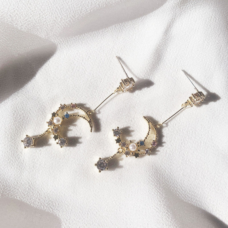 Moon and Stars Night Sky Pearl Earrings