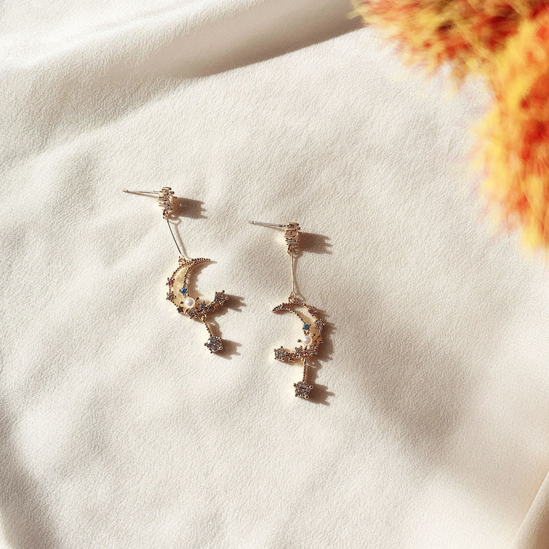 Moon and Stars Night Sky Pearl Earrings