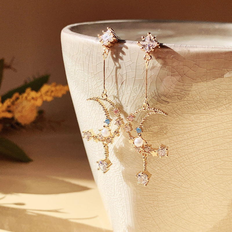 Moon and Stars Night Sky Pearl Earrings