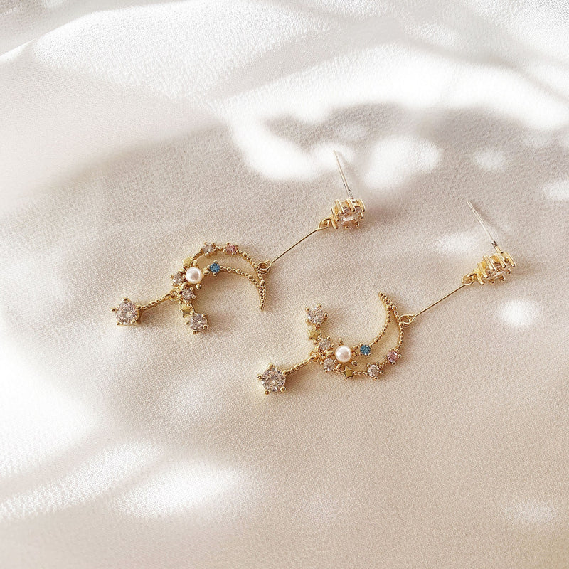 Moon and Stars Night Sky Pearl Earrings