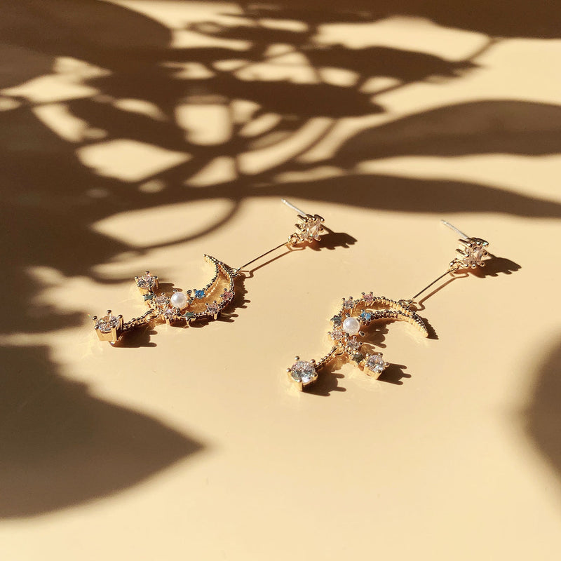 Moon and Stars Night Sky Pearl Earrings